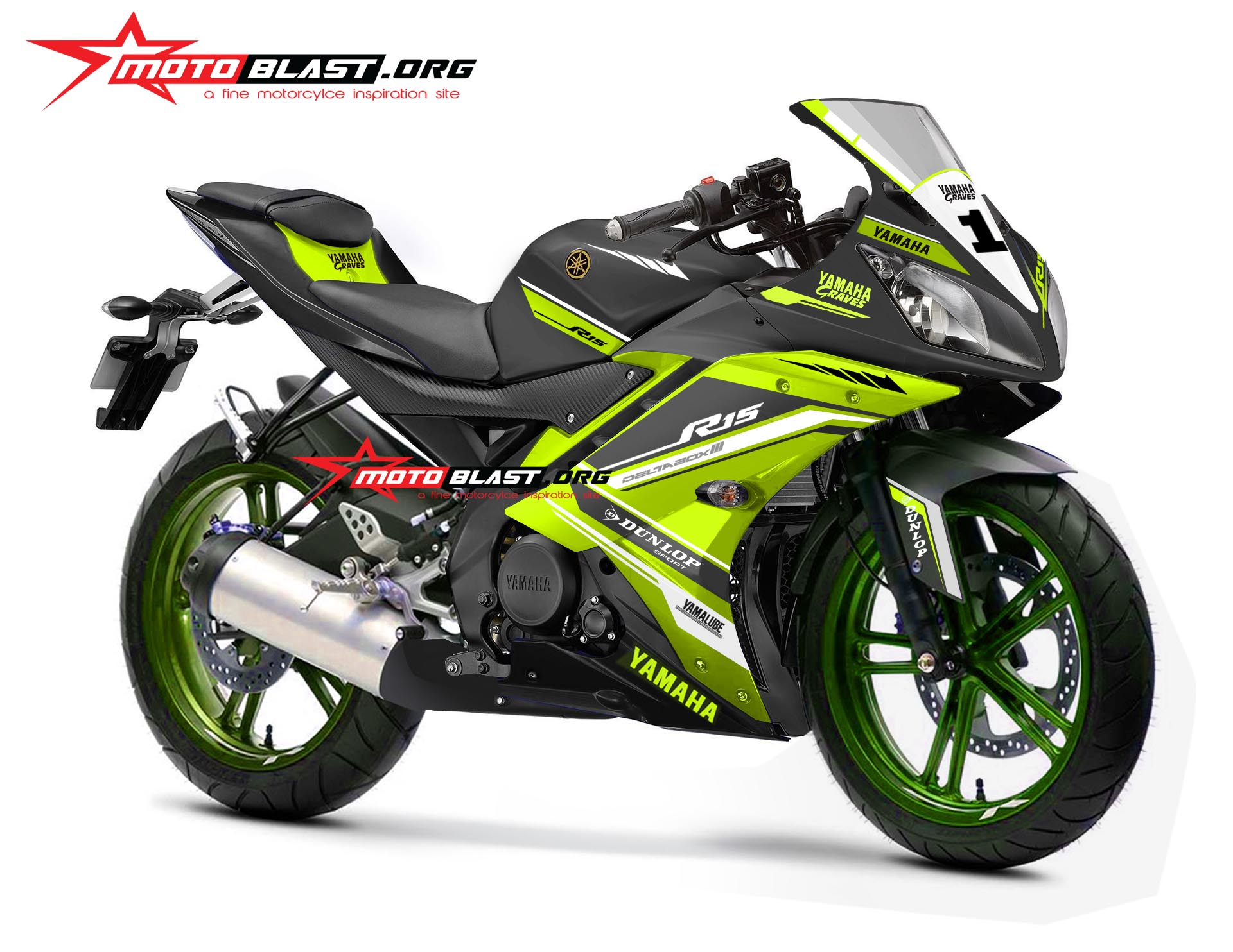 Modifikasi Motor Yamaha R15 Black Stiker Desain Stabilo Green Dan Biru Hitech MOTOBLAST